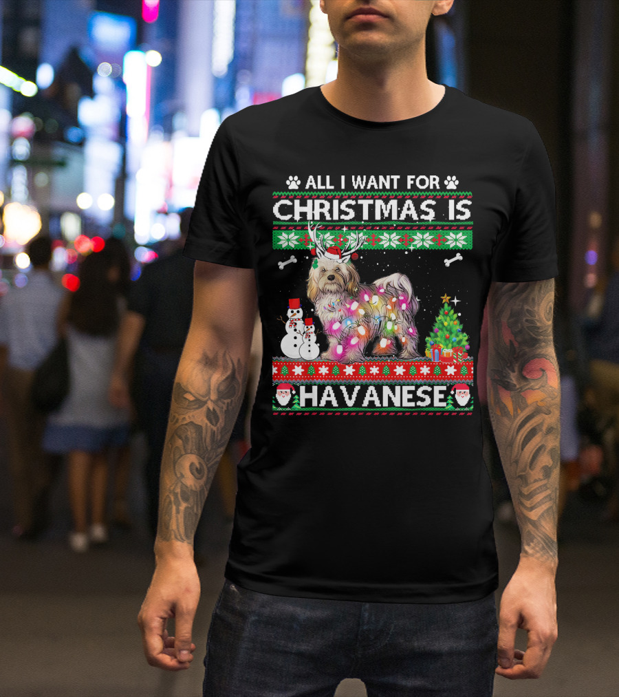 All I Want For Christmas Is Havanese Reindeer Lights Snowman Tree T-Shirt