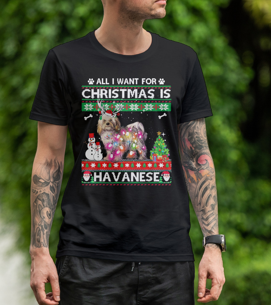 All I Want For Christmas Is Havanese Reindeer Lights Snowman Tree T-Shirt