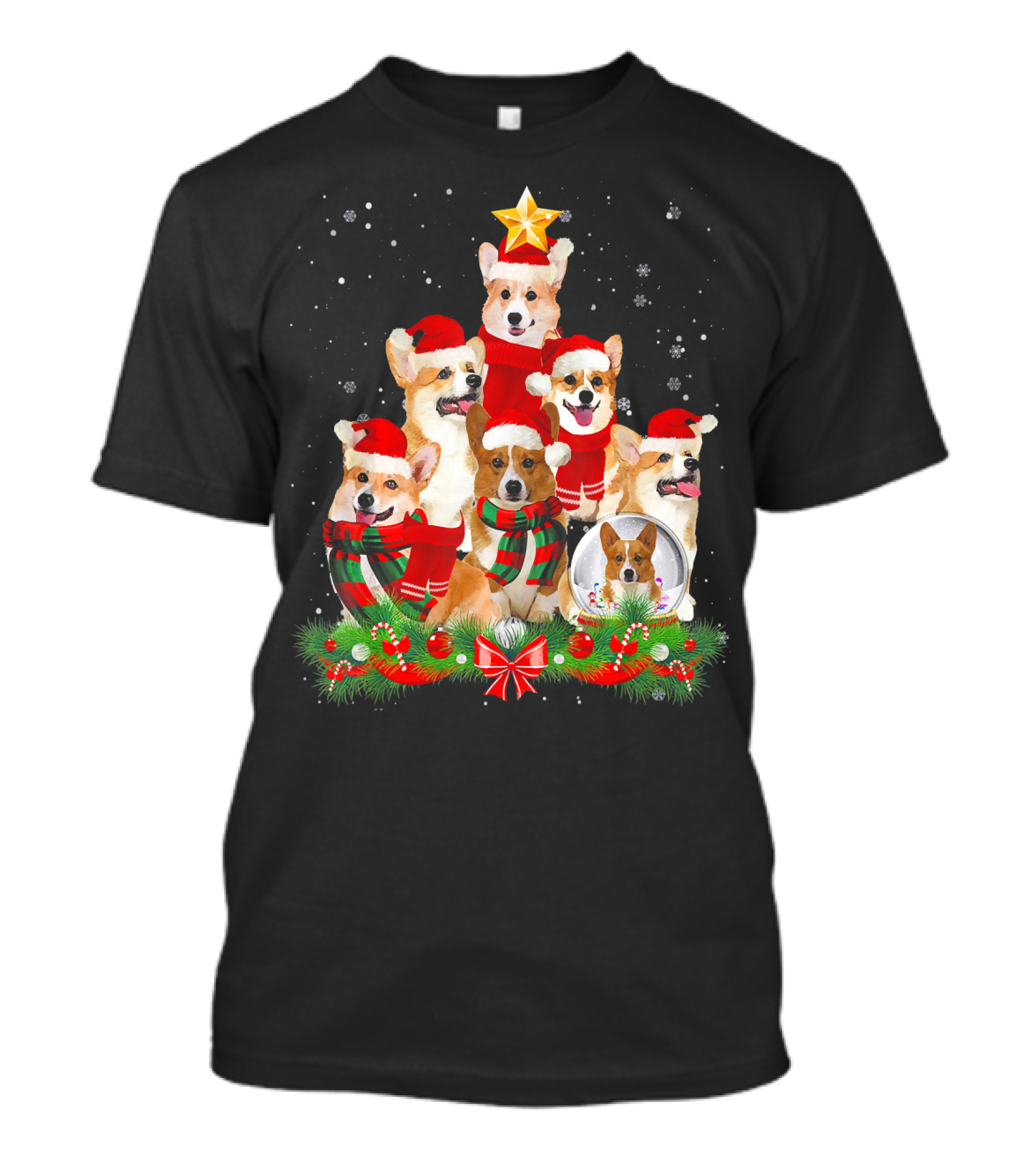 Welsh Corgi Christmas Tree With Santa Hats And Festive Decorations T-Shirt