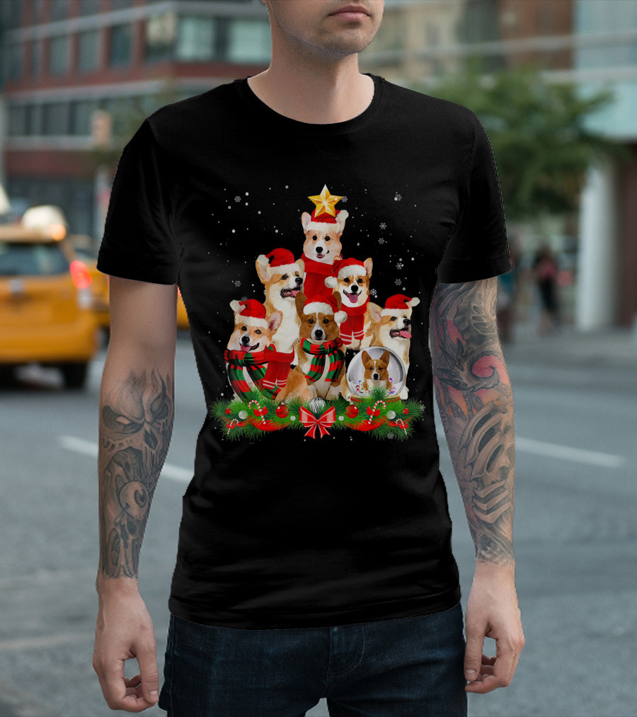 Welsh Corgi Christmas Tree With Santa Hats And Festive Decorations T-Shirt
