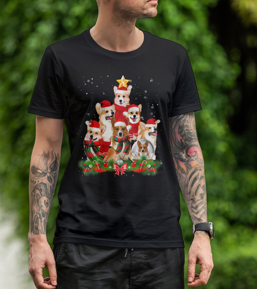 Welsh Corgi Christmas Tree With Santa Hats And Festive Decorations T-Shirt