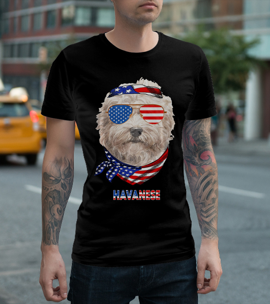 Havanese Dog with American Flag Sunglasses and Bandana T-Shirt