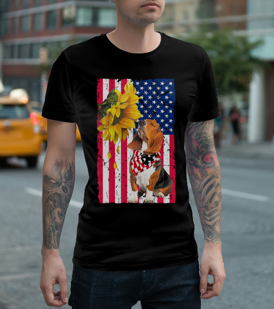 Basset Hound Wearing American Flag Bandana with Sunflower on Patriotic Stripes and Stars Background T-Shirt