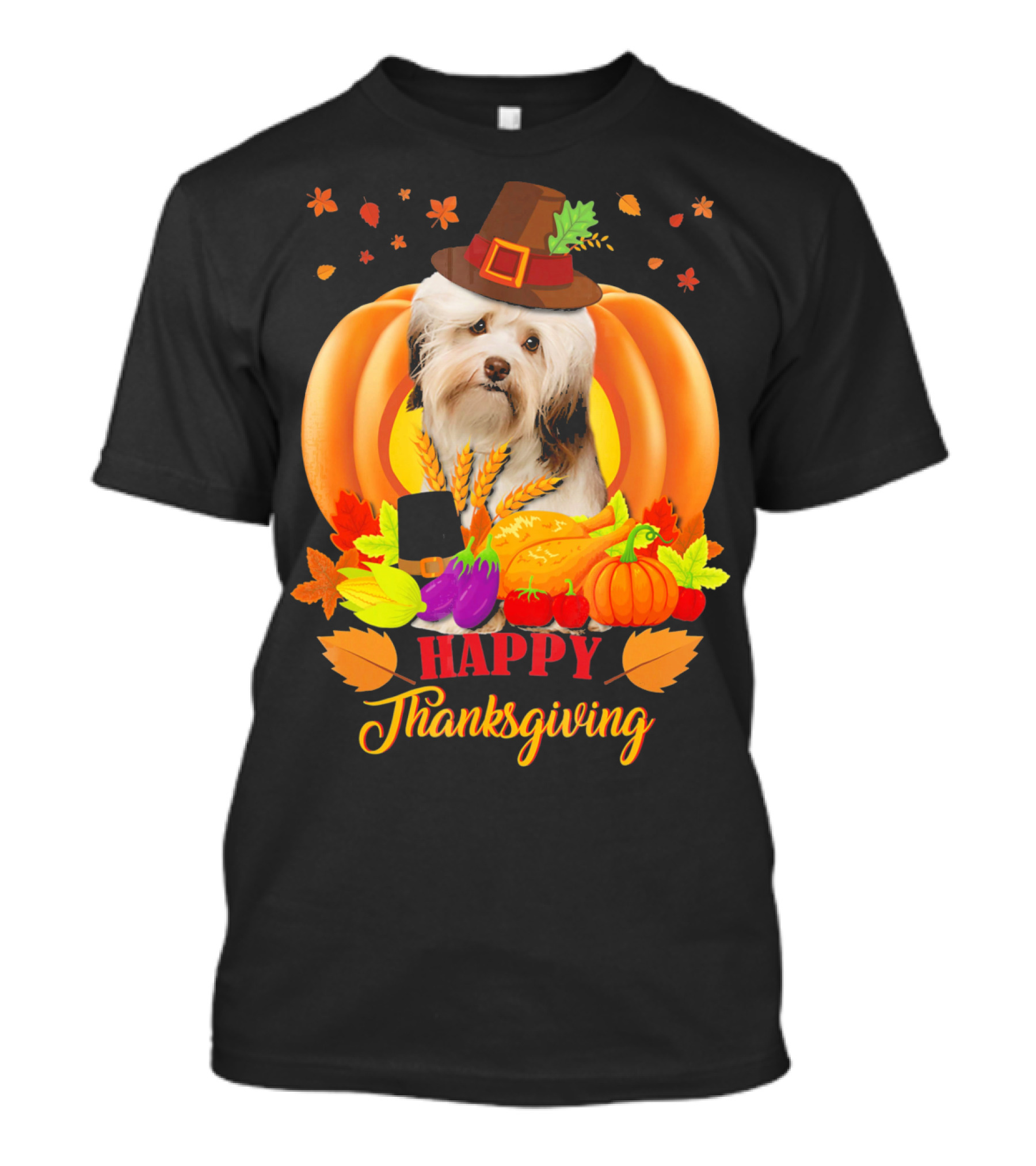 Happy Thanksgiving Havanese Dog In Pilgrim Hat With Autumn Harvest T-Shirt