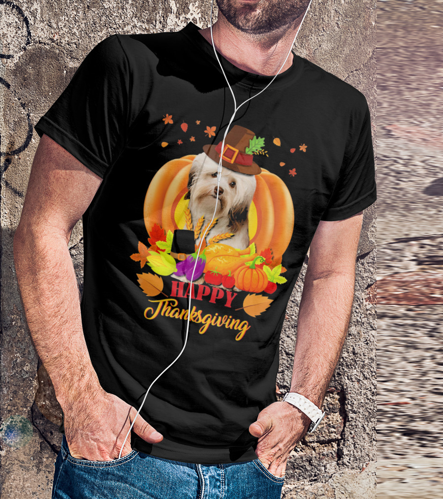 Happy Thanksgiving Havanese Dog In Pilgrim Hat With Autumn Harvest T-Shirt