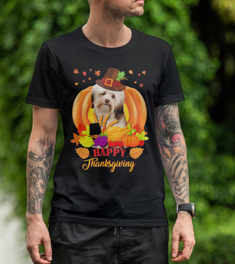 Happy Thanksgiving Havanese Dog In Pilgrim Hat With Autumn Harvest T-Shirt