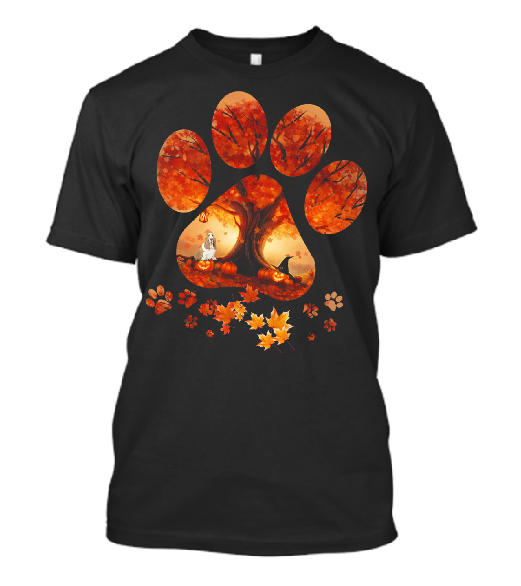 Basset Hound Autumn Paw Print With Yellow Leaves And Pumpkins T-Shirt
