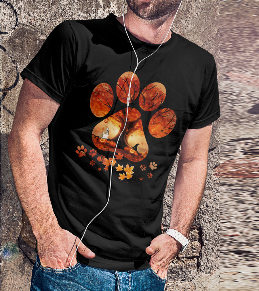 Basset Hound Autumn Paw Print With Yellow Leaves And Pumpkins T-Shirt