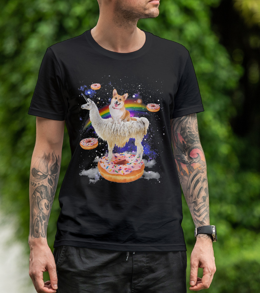 Space Corgi Riding Llama On Donut Galaxy With Rainbow T-Shirt
