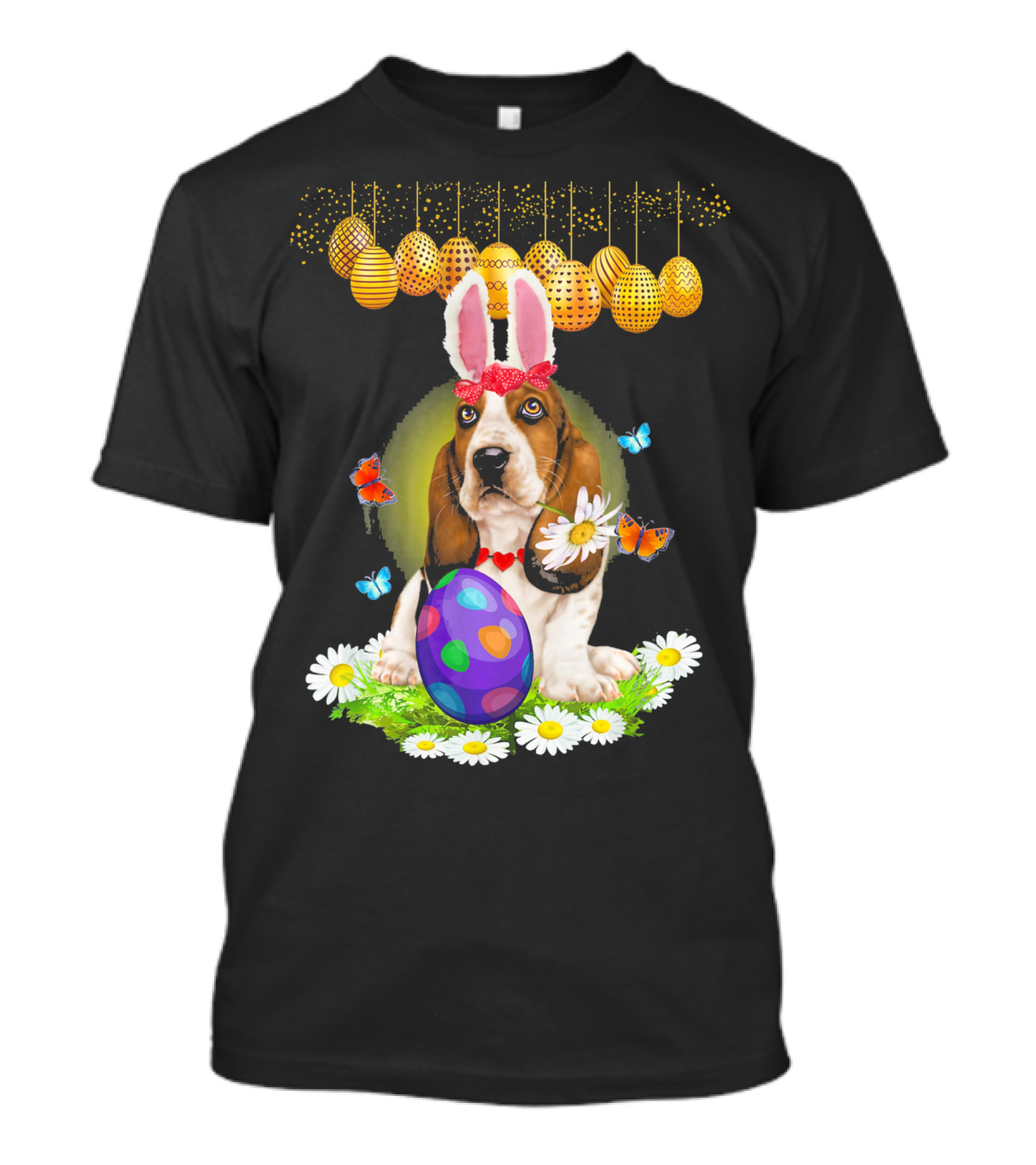 Basset Hound Easter Rabbit Ears With Colorful Egg And Butterflies T-Shirt