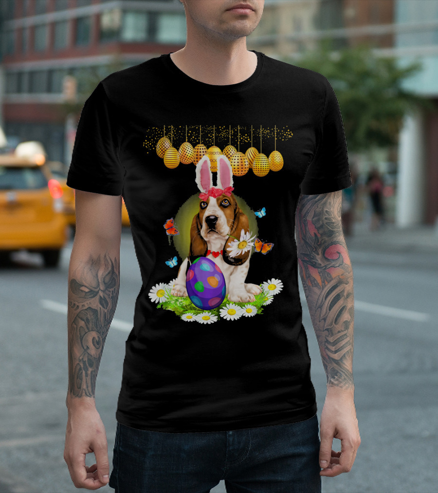 Basset Hound Easter Rabbit Ears with Colorful Egg and Butterflies T-Shirt