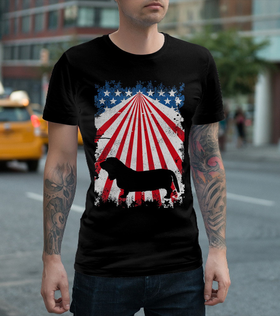Basset Hound Silhouette with American Flag T-Shirt