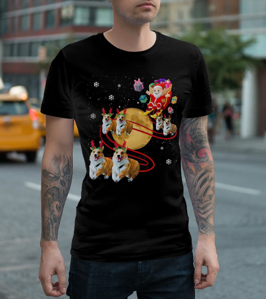 Santa Riding Corgi Reindeer Moon Sleigh Festive Christmas T-Shirt