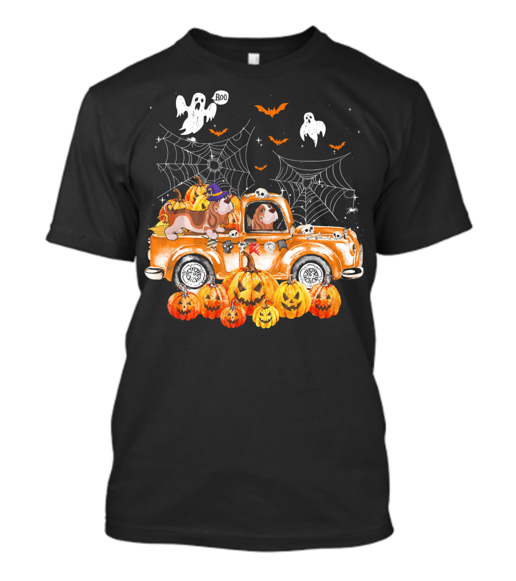 Basset Hound Dog On Pumpkin Truck With Ghosts And Spider Webs In Autumn T-Shirt