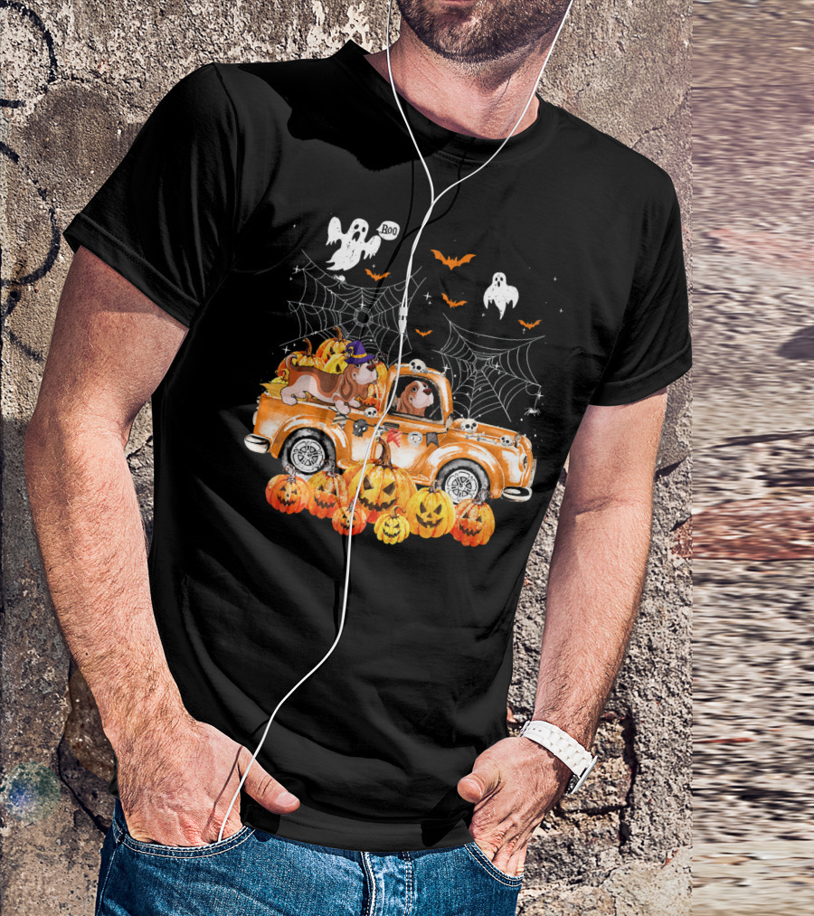 Basset Hound Dog On Pumpkin Truck With Ghosts And Spider Webs In Autumn T-Shirt