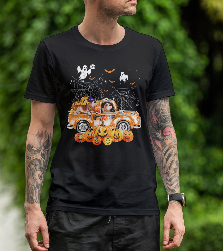 Basset Hound Dog On Pumpkin Truck With Ghosts And Spider Webs In Autumn T-Shirt