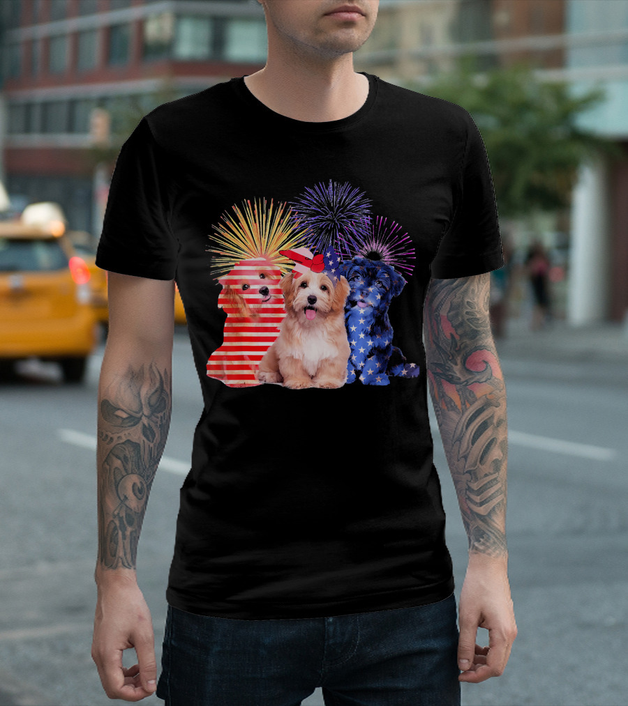 Funny Havanese Fireworks With American Flag Colors T-Shirt