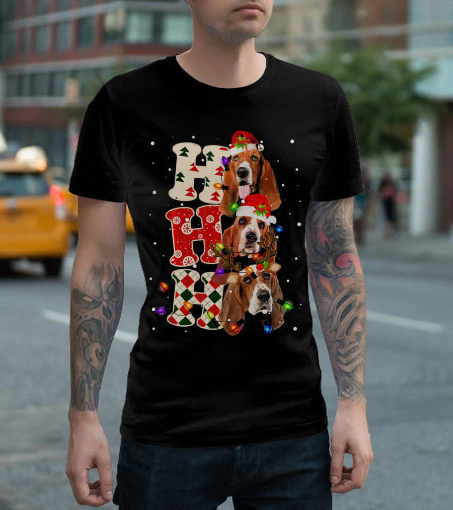 Basset Hound Christmas HO HO HO with Santa Hat and Lights T-Shirt