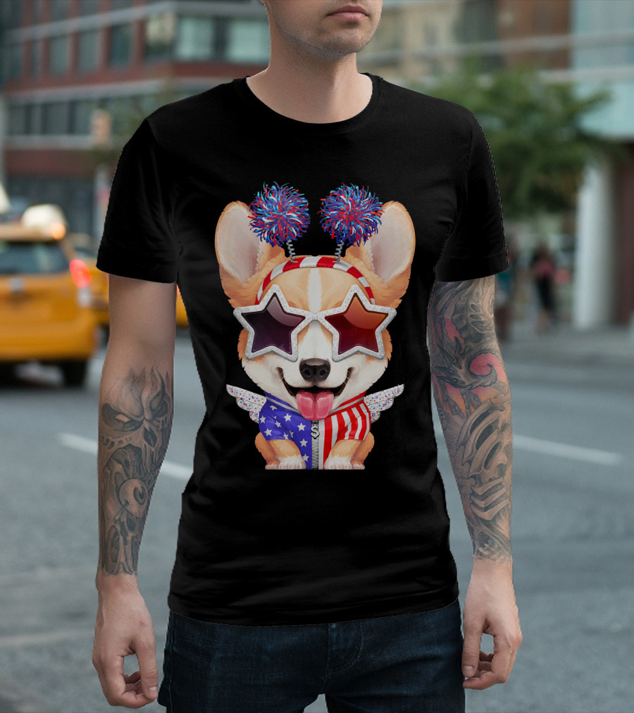 Corgi Patriotic Celebration with Star Glasses and Pom Pom Ears T-Shirt
