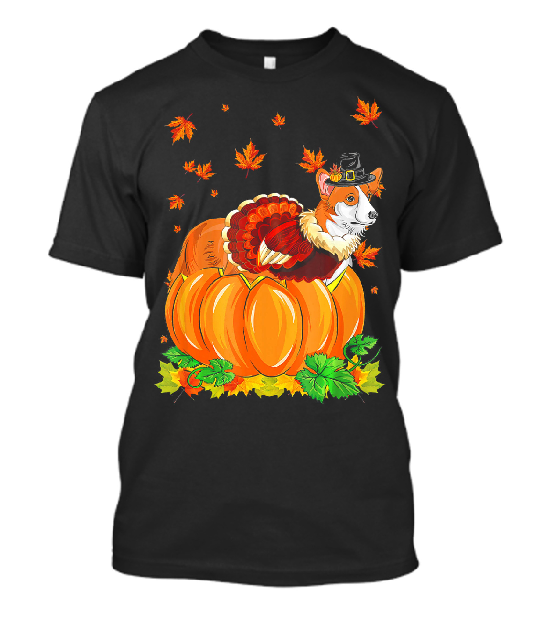 Thanksgiving Corgi Dog In Turkey Hat And Pumpkin With Maple Leaves T-Shirt