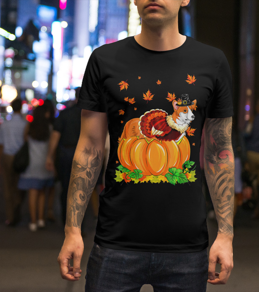 Thanksgiving Corgi Dog In Turkey Hat And Pumpkin With Maple Leaves T-Shirt