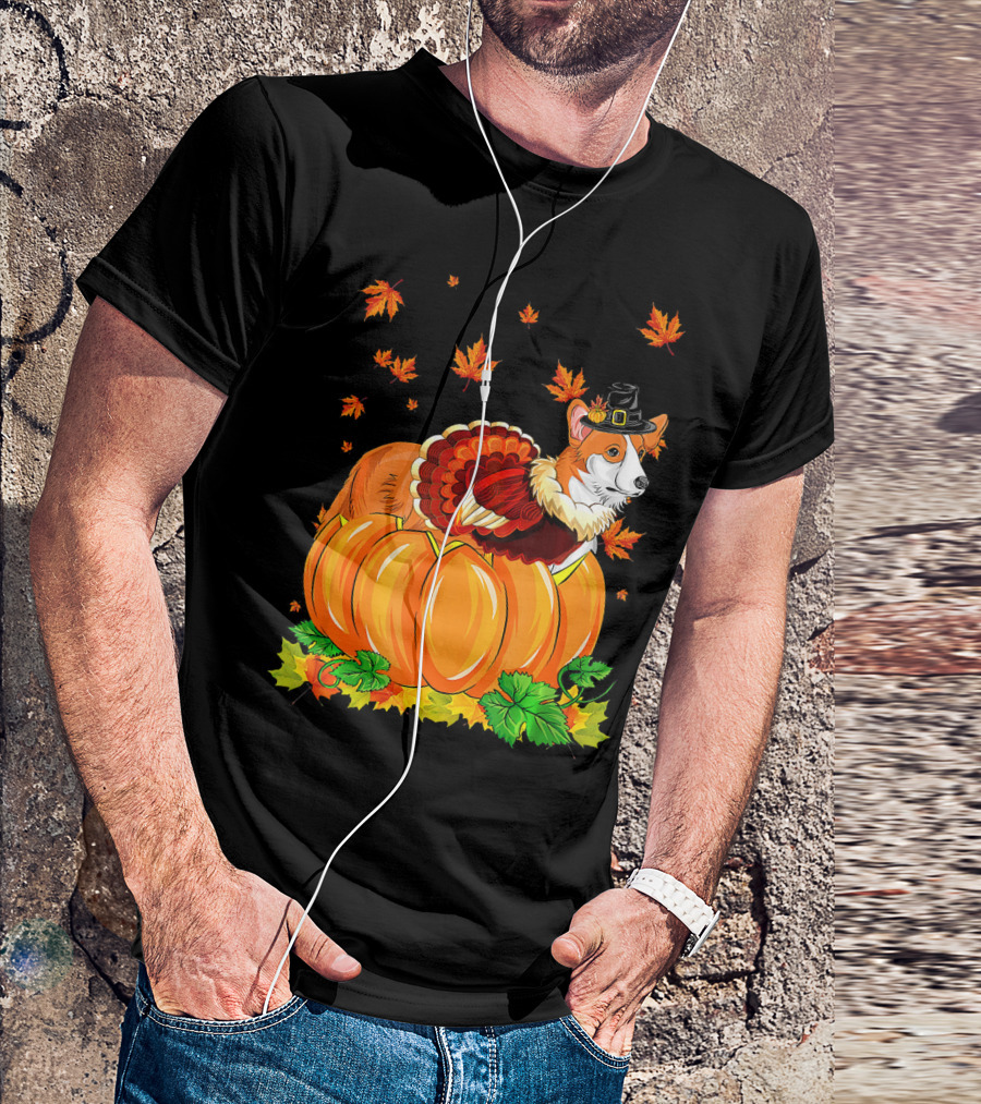Thanksgiving Corgi Dog In Turkey Hat And Pumpkin With Maple Leaves T-Shirt