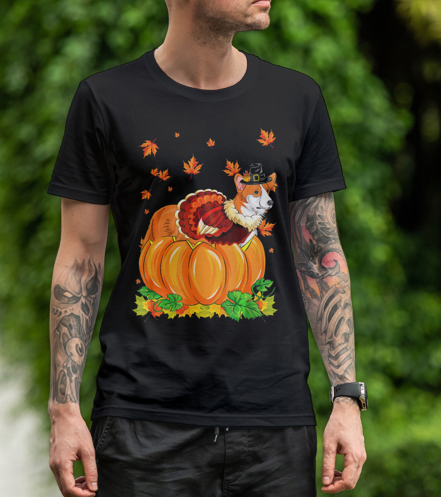 Thanksgiving Corgi Dog In Turkey Hat And Pumpkin With Maple Leaves T-Shirt