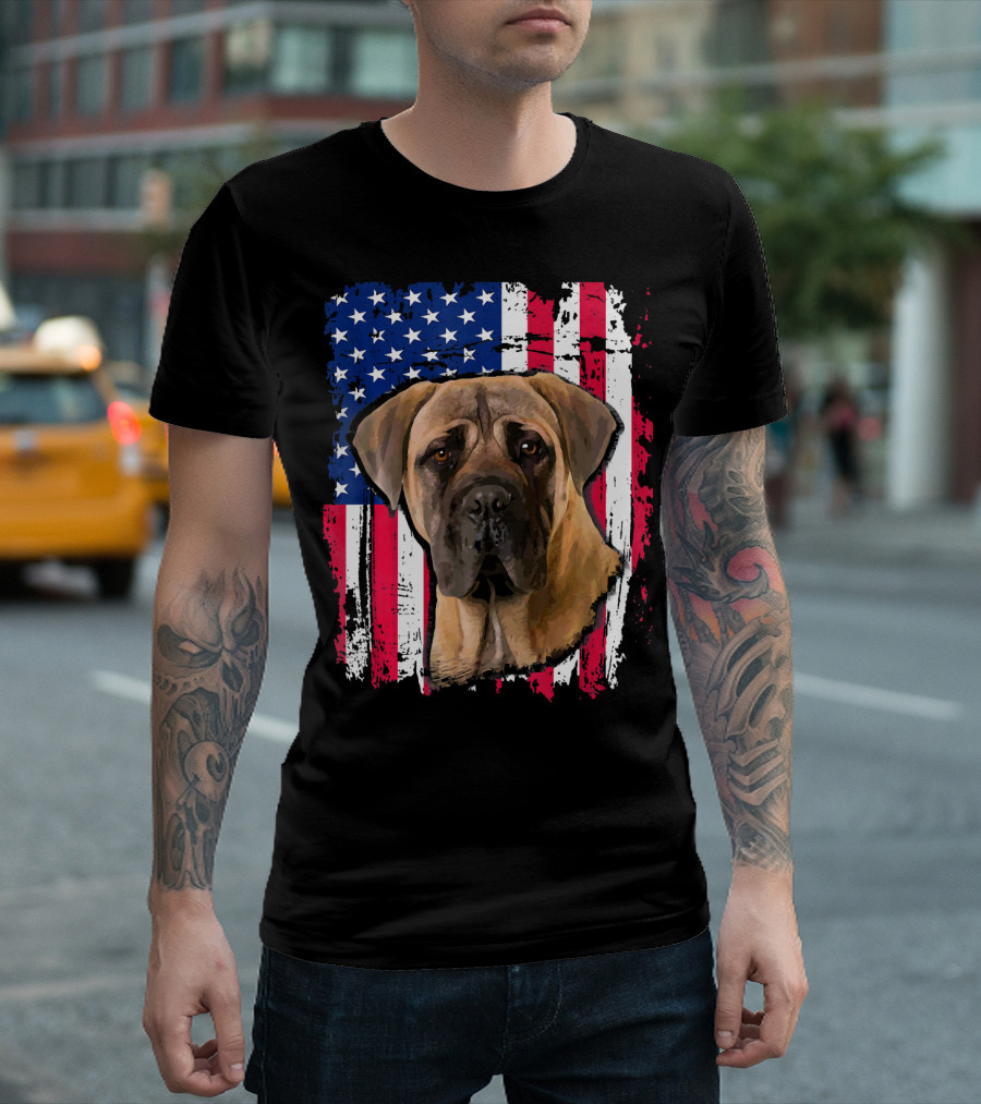 Bullmastiff Overlaid on Distressed US Flag Background for 4th of July T-Shirt