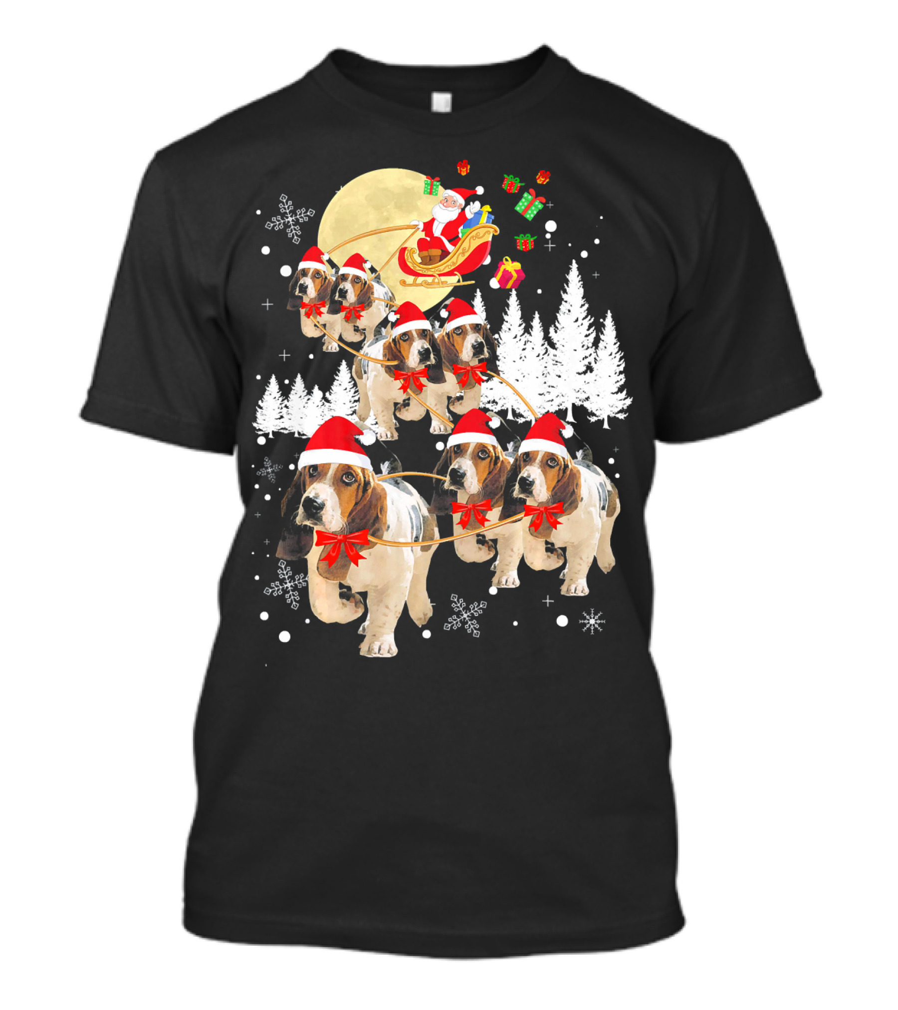 Basset Hound Santa Reindeer Christmas Snowflakes Pine Trees T-Shirt