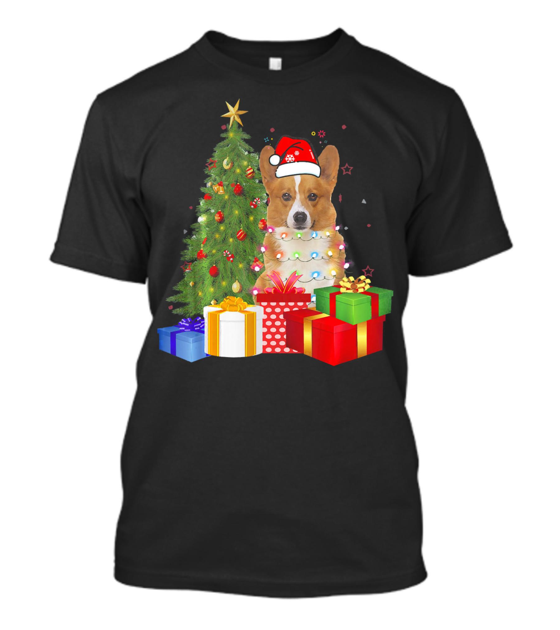 Santa Pembroke Welsh Corgi With Christmas Tree And Presents T-Shirt