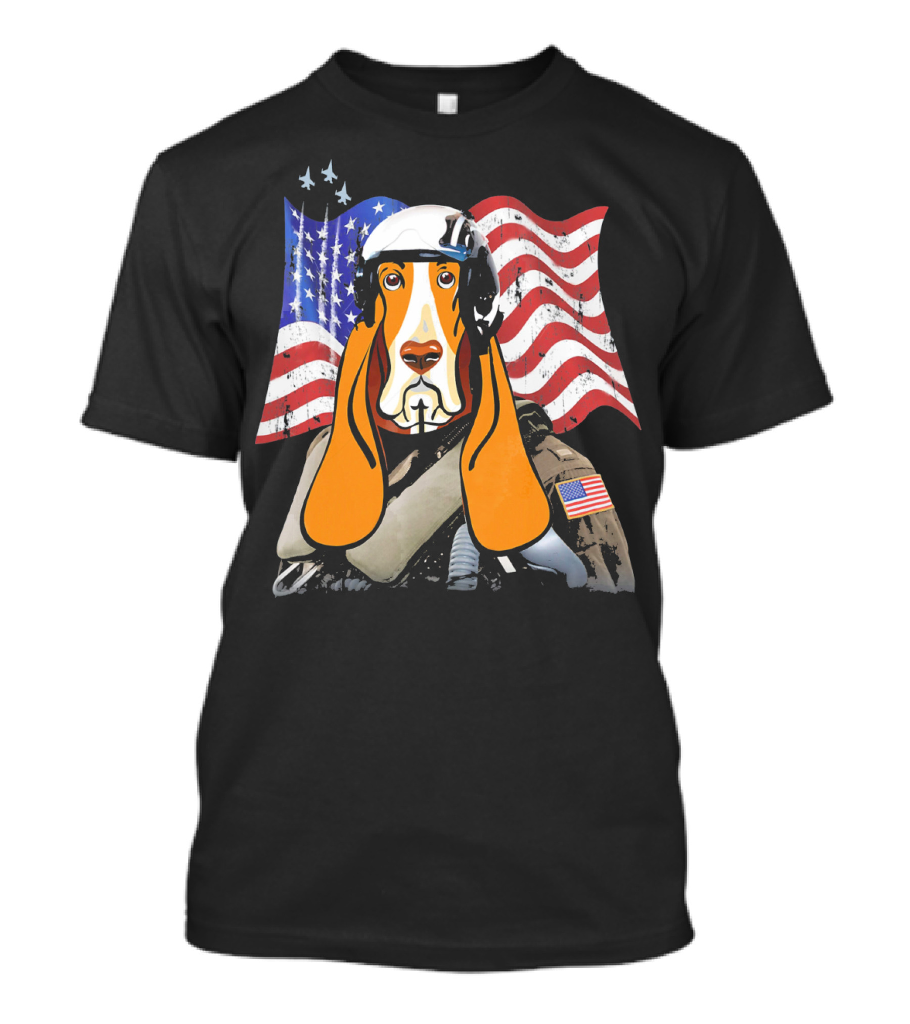The Patriotic Basset Hound Combat Stryke USA Flag Helmet Pilot T-Shirt