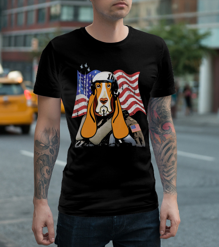 The Patriotic Basset Hound Combat Stryke USA Flag Helmet Pilot T-Shirt