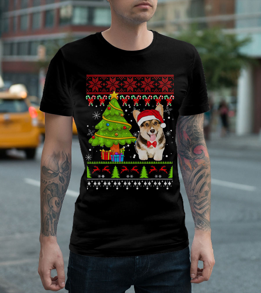 Welsh Corgi Ugly Christmas Sweater with Santa Hat and Christmas Tree T-Shirt