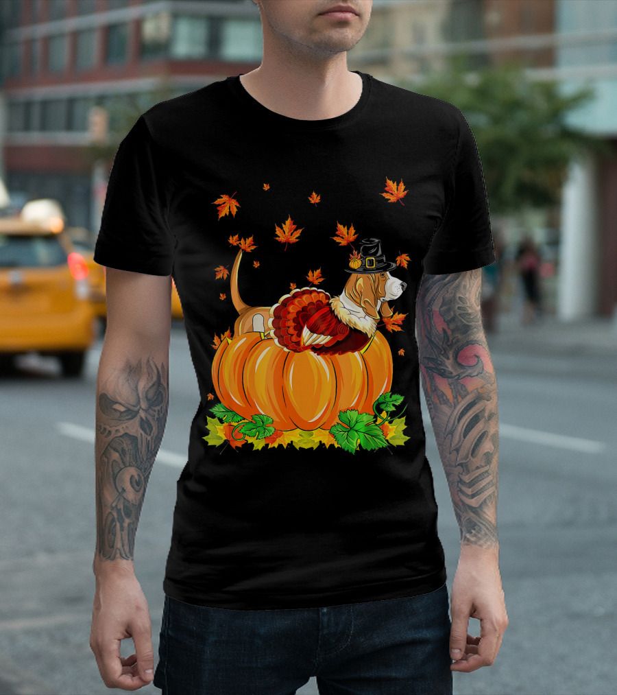Thanksgiving Basset Hound with Turkey Costume and Pilgrim Hat in Autumn Pumpkin Scene T-Shirt