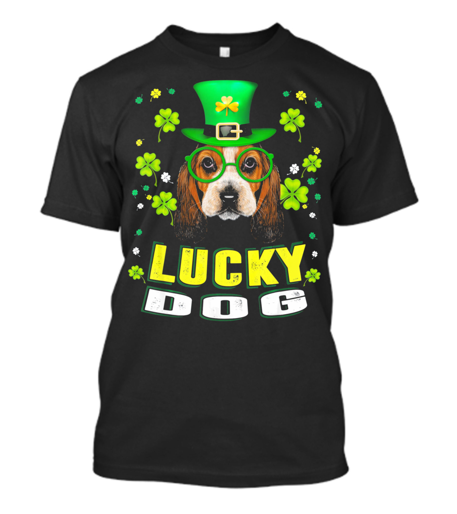 Lucky Dog St Patricks Day Basset Hound Leprechaun Shamrocks T-Shirt