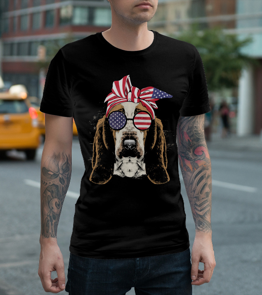 USA American Flag Basset Hound Dog Sunglasses Bandana T-Shirt