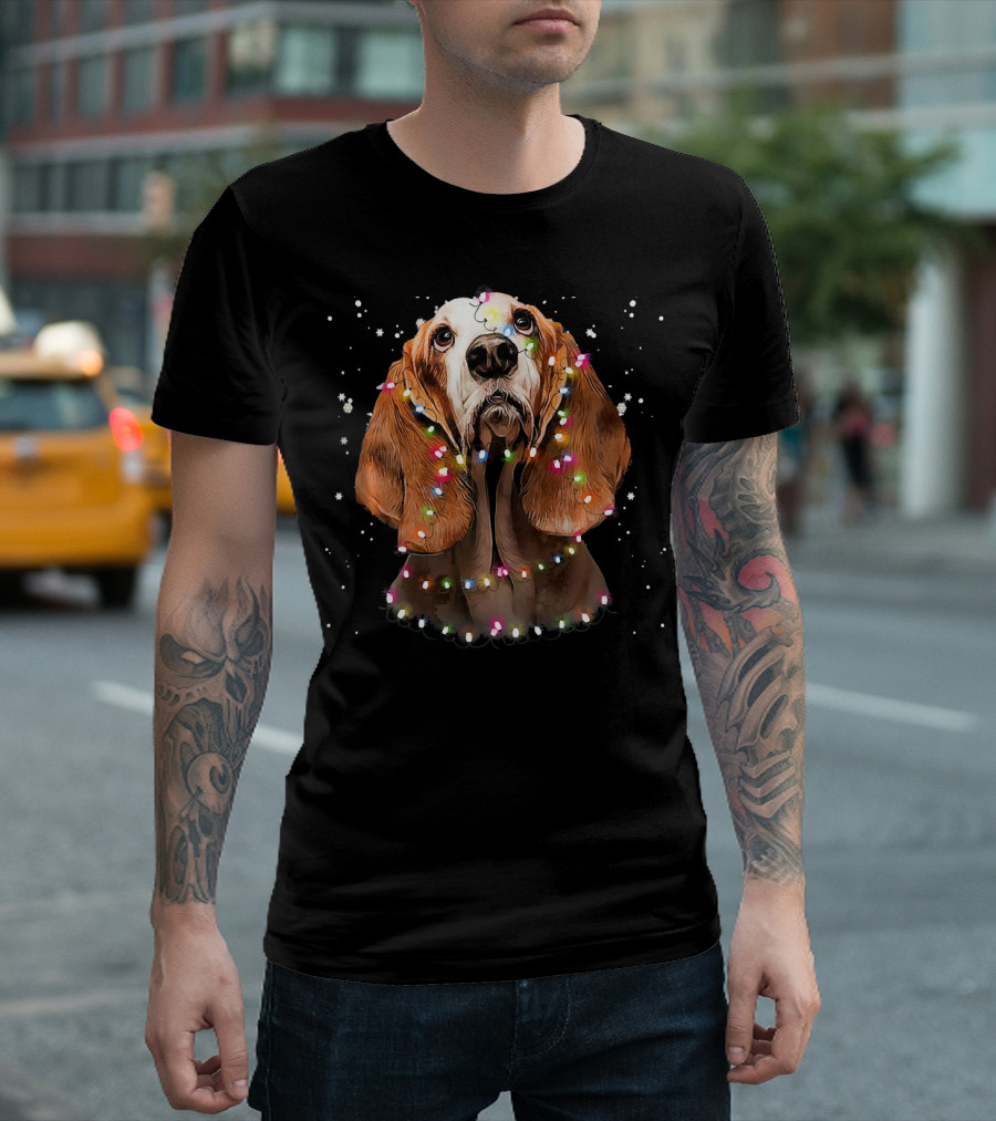 Basset Hound Wrapped in Colorful Christmas Lights T-Shirt
