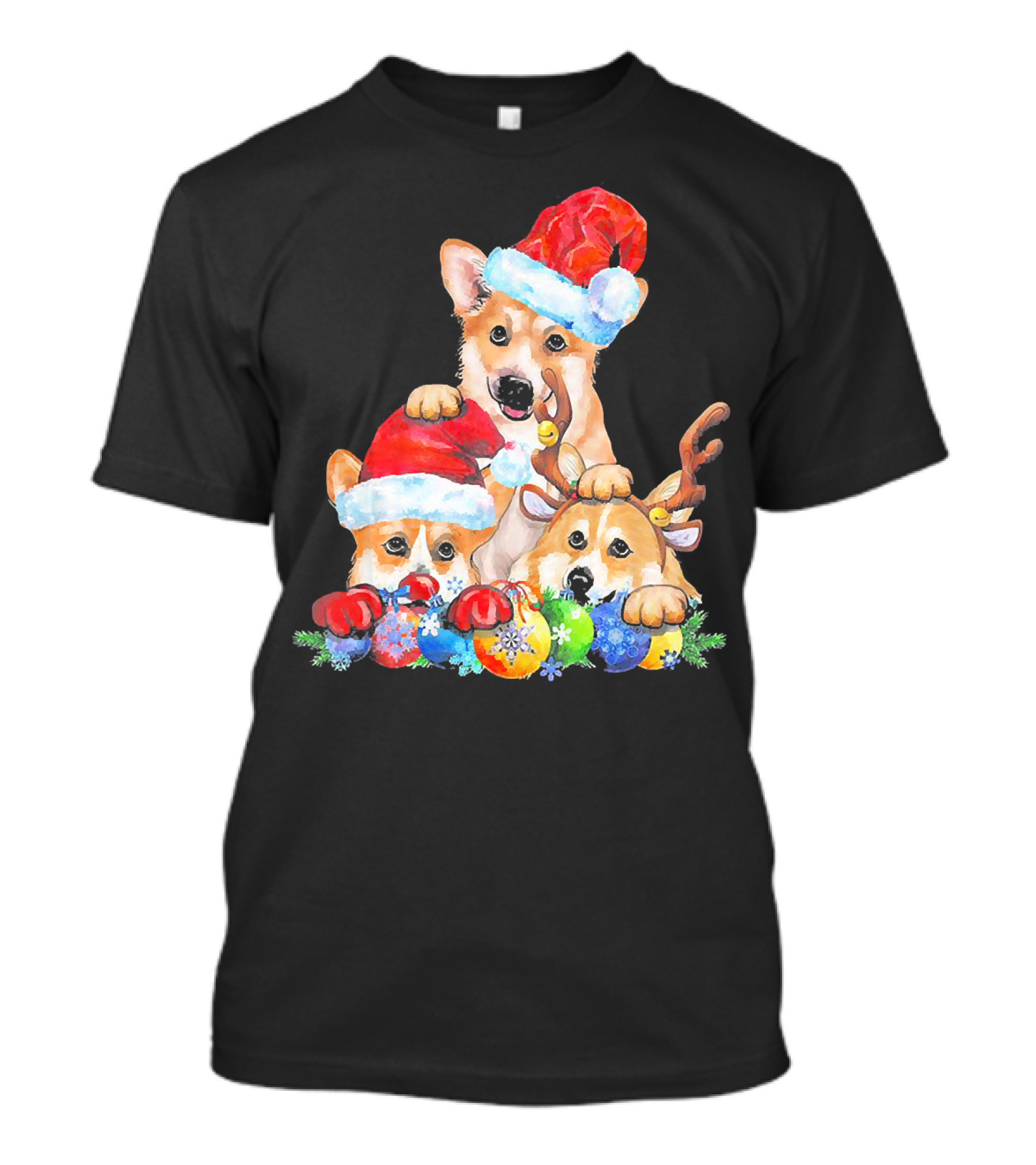 Santa Corgi Christmas Lights Reindeer Santa Hats Holiday Ornaments T-Shirt