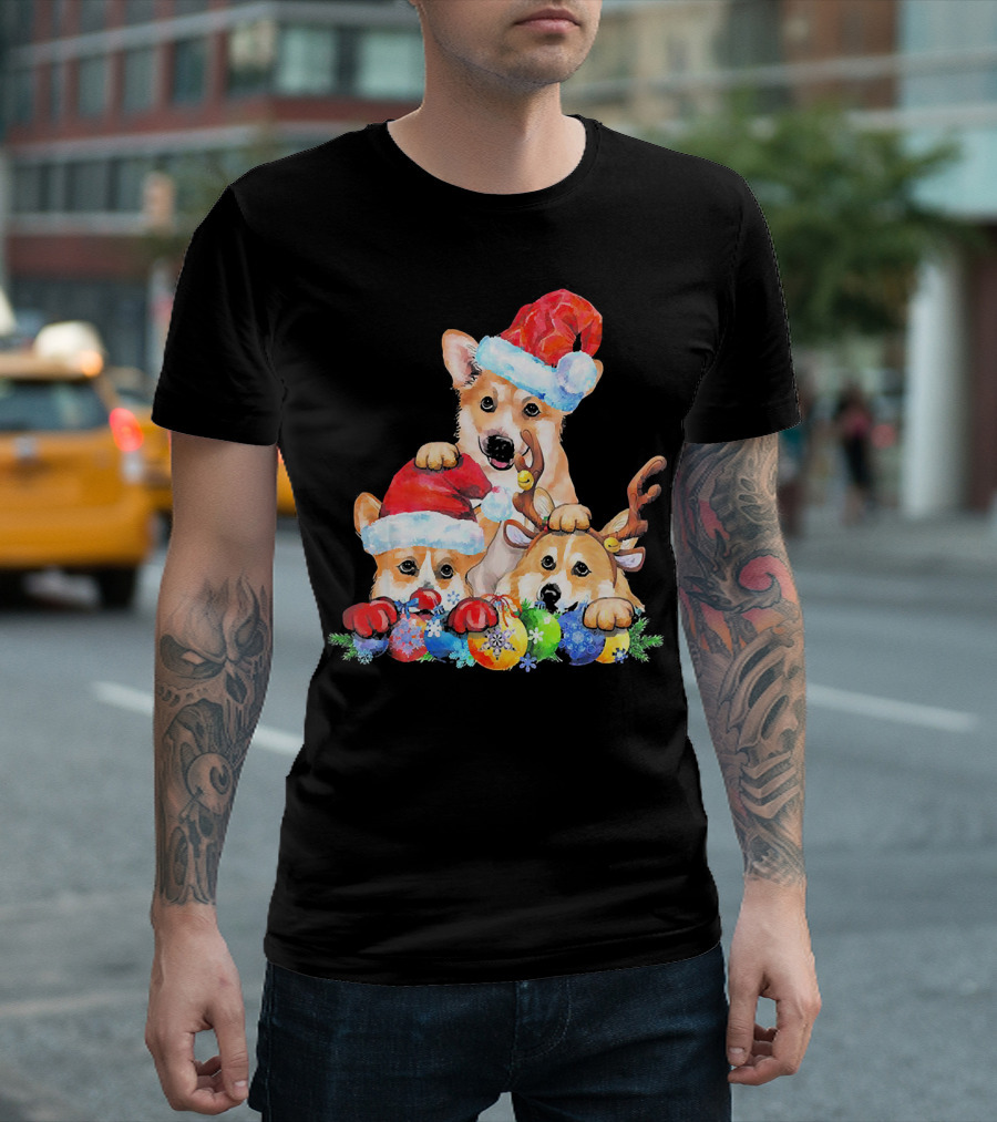 Santa Corgi Christmas Lights Reindeer Santa Hats Holiday Ornaments T-Shirt