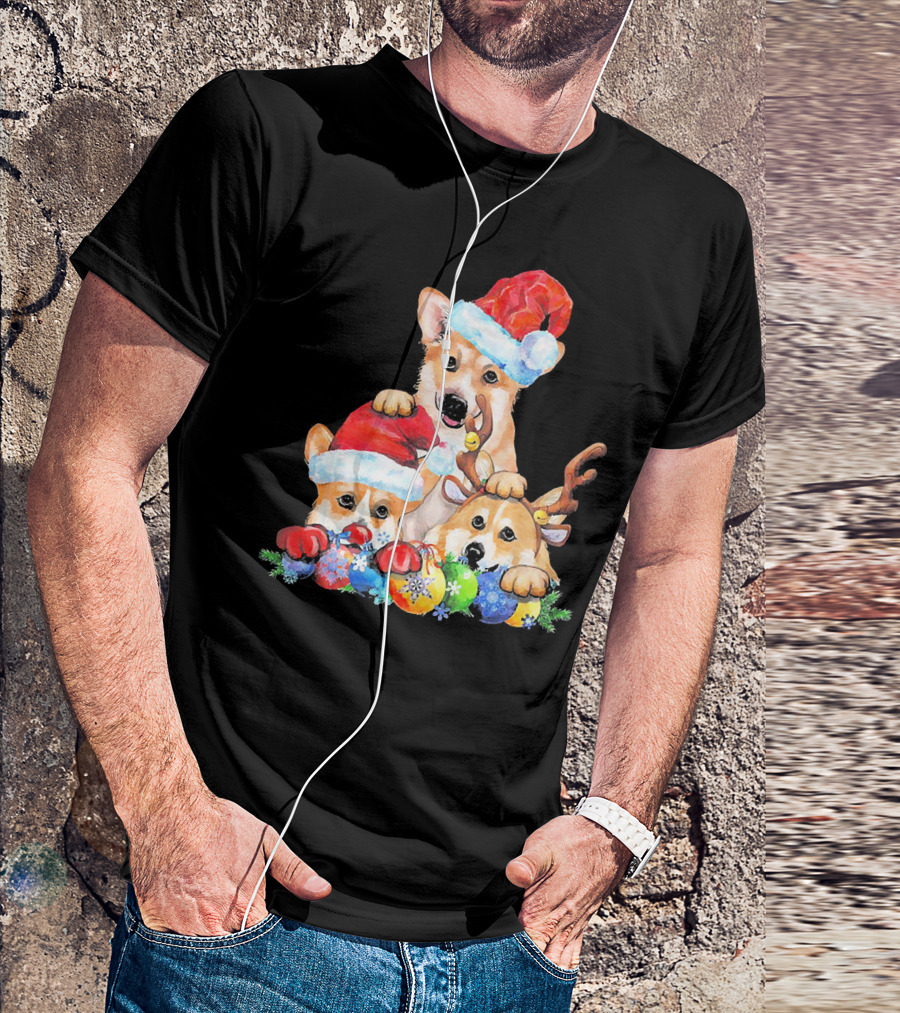 Santa Corgi Christmas Lights Reindeer Santa Hats Holiday Ornaments T-Shirt