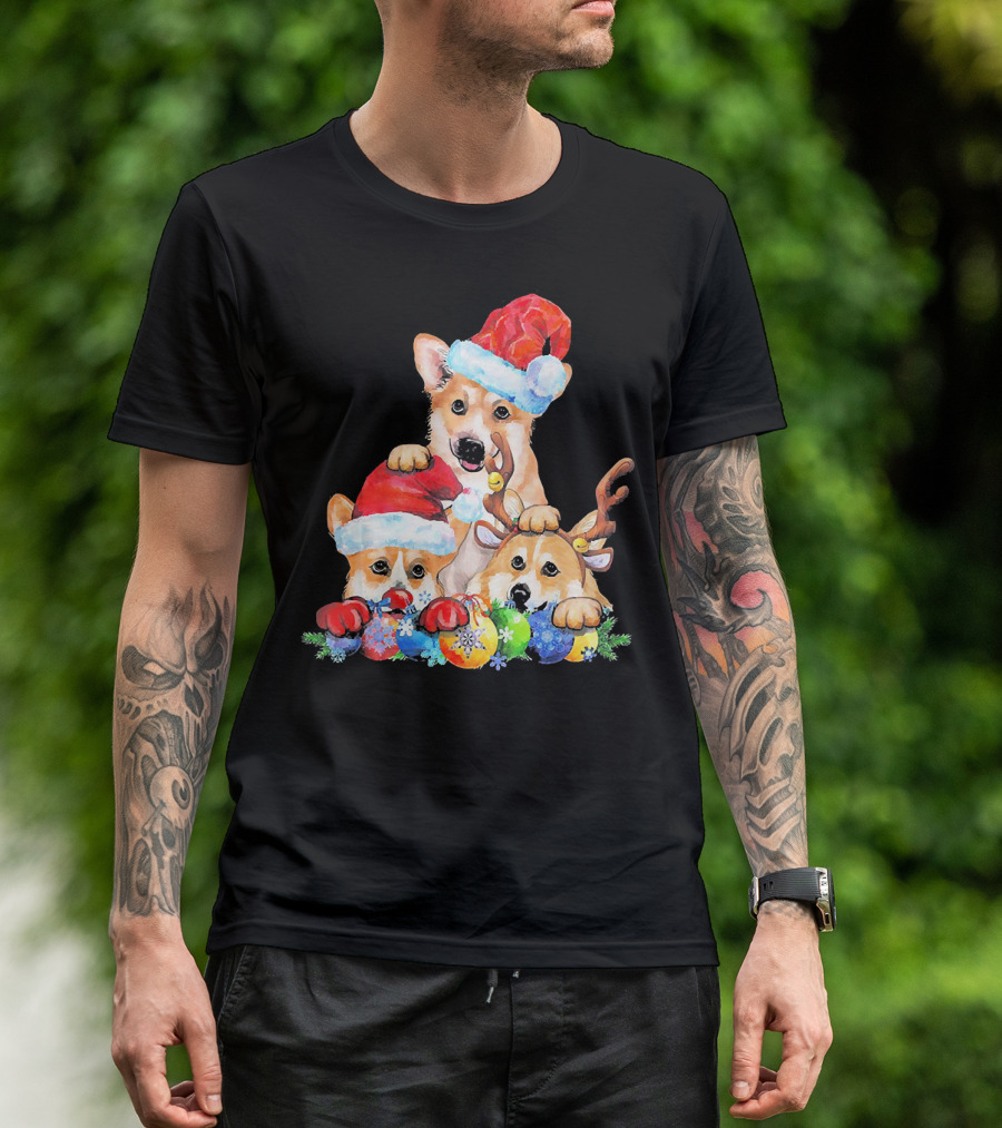 Santa Corgi Christmas Lights Reindeer Santa Hats Holiday Ornaments T-Shirt