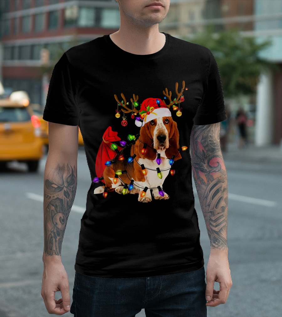 Basset Hound Santa Reindeer with Christmas Lights T-Shirt