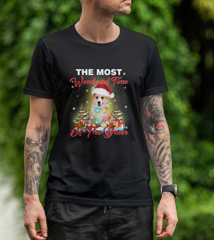 THE MOST WONDERFUL TIME OF THE YEAR CORGI HOLIDAY SANTA HAT LIGHTS CHRISTMAS TREES PRESENTS SNOWFLAKES T-Shirt