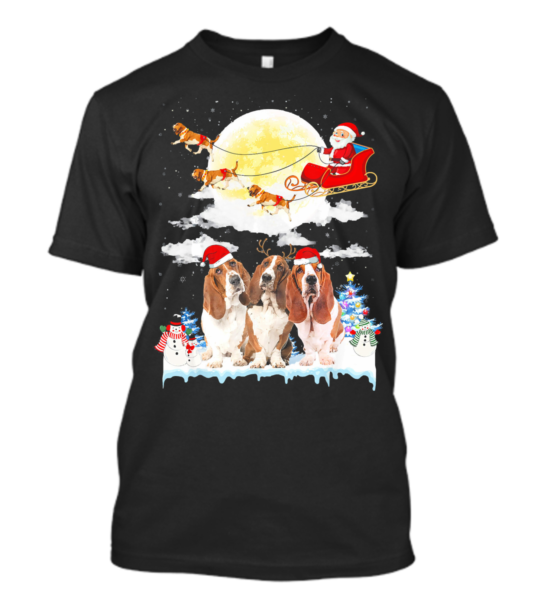 Basset Hound Dog Santa Sleigh Christmas Snowman Moonlight Scene T-Shirt
