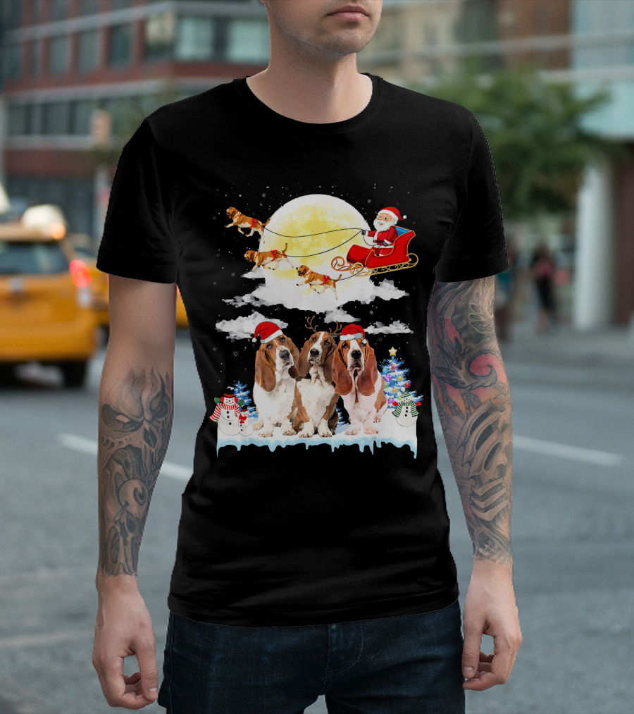 Basset Hound Dog Santa Sleigh Christmas Snowman Moonlight Scene T-Shirt