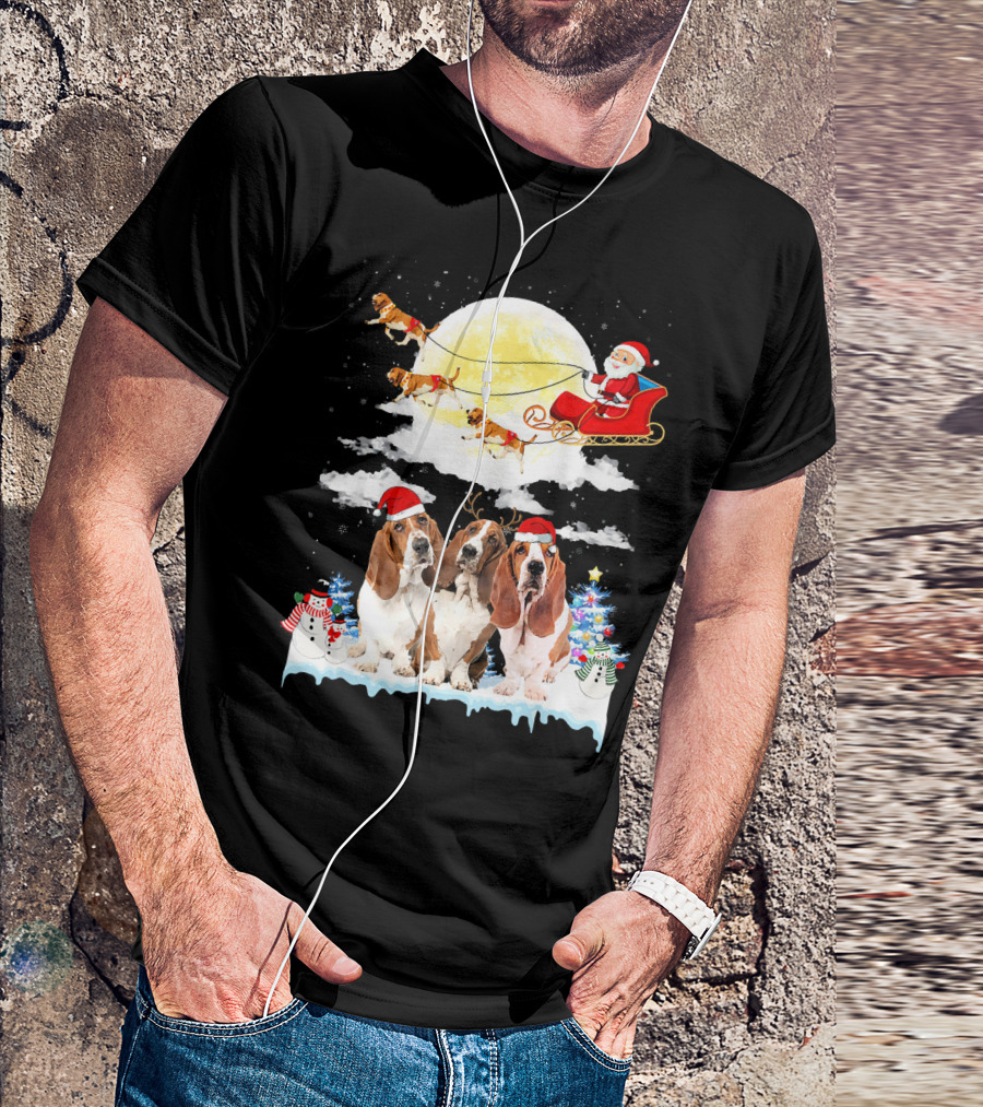 Basset Hound Dog Santa Sleigh Christmas Snowman Moonlight Scene T-Shirt