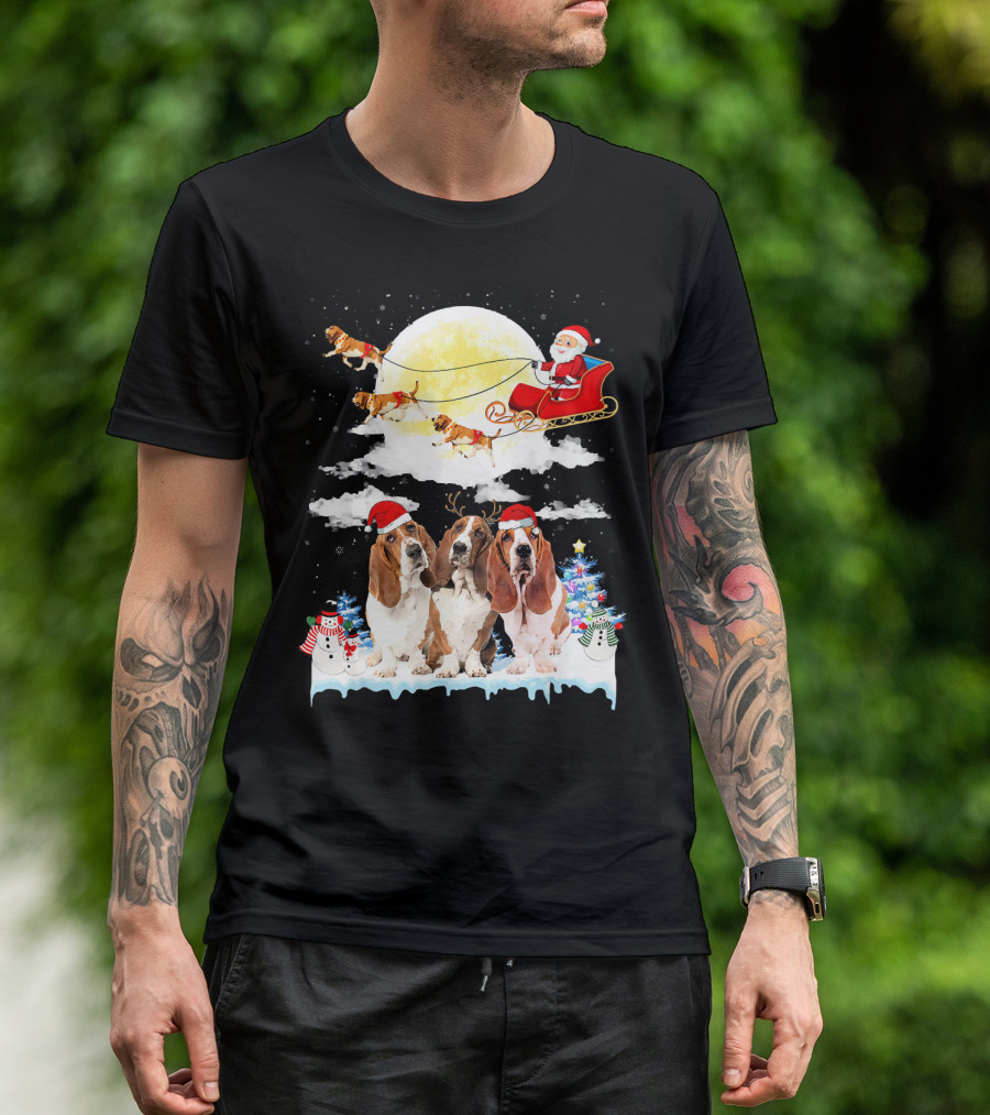 Basset Hound Dog Santa Sleigh Christmas Snowman Moonlight Scene T-Shirt