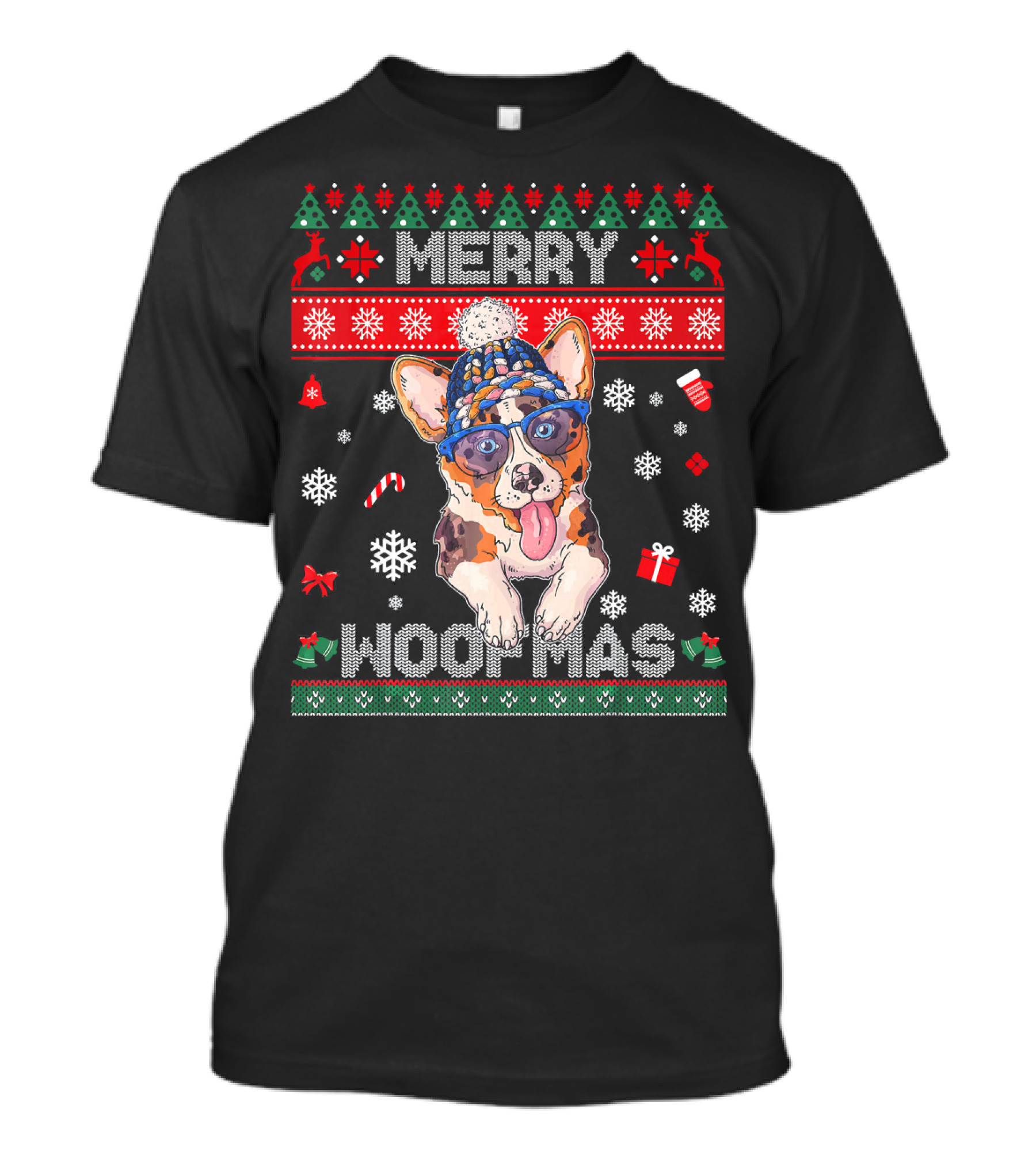 Merry Woofmas Puppy Corgi In Festive Holiday Sweater Hat And Sunglasses T-Shirt