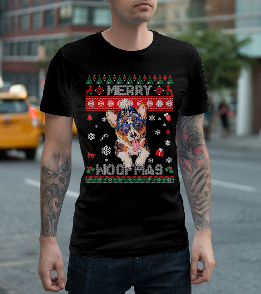 Merry Woofmas Puppy Corgi In Festive Holiday Sweater Hat And Sunglasses T-Shirt