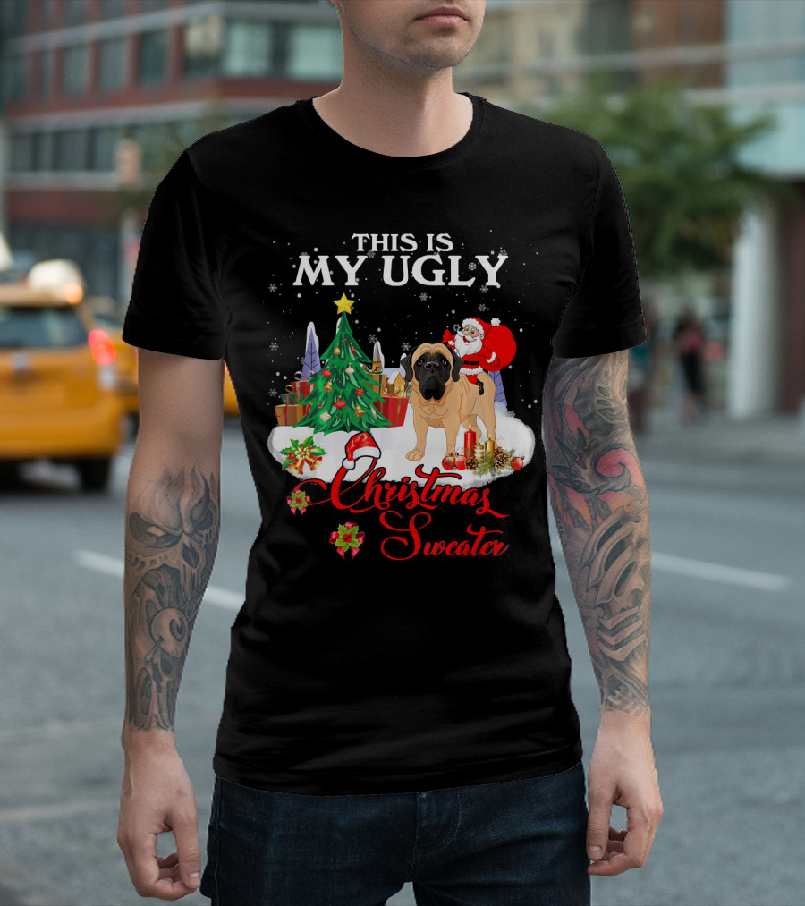This Is My Ugly Christmas Sweater Santa Riding English Mastiff T-Shirt